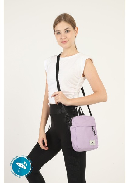 Mor çift bölmeli, fermuarlı ve ayarlanabilir askılı şık tekstil çanta indirimleri