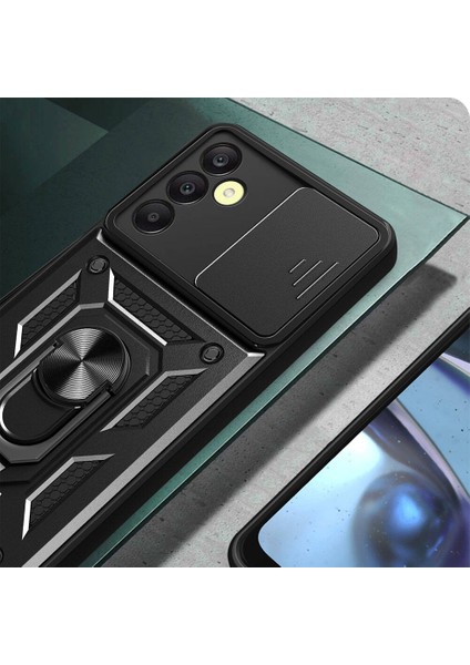 Galaxy A25 Kılıf Magnetik Standlı Kamera Korumalı Zore Sürgülü Vega Kapak-Mavi fırsatları