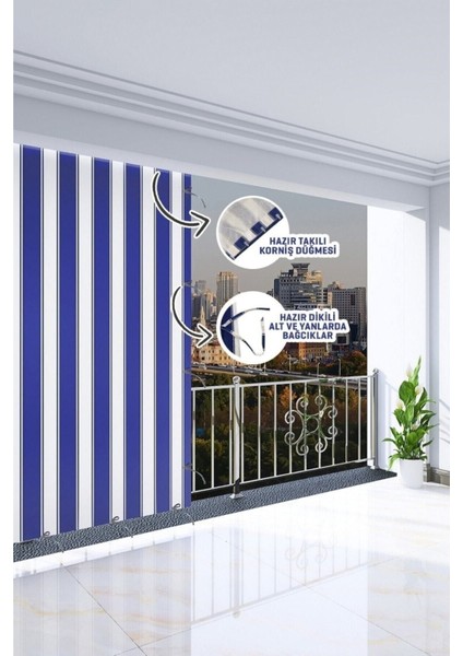 Markahil Her Ölçüde Enxboy Seçenekli Bağcıklı Çizgili Balkon Perdesi Balkon Brandası