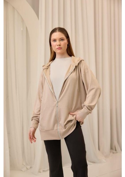 Bej Oversize Kapüşonlu Hırka