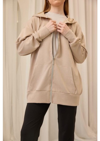 Bej Oversize Kapüşonlu Hırka