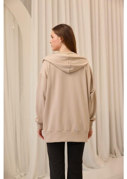 Bej Oversize Kapüşonlu Hırka
