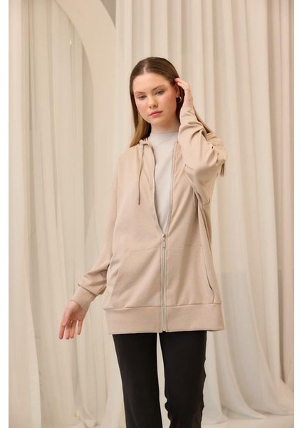 Bej Oversize Kapüşonlu Hırka