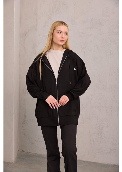Siyah Oversize Kapüşonlu Hırka