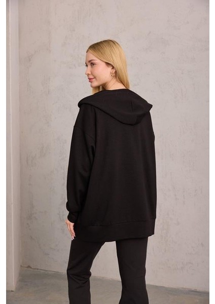 Siyah Oversize Kapüşonlu Hırka
