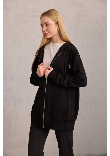 Siyah Oversize Kapüşonlu Hırka