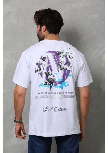 Unisex Bisiklet Yaka Baskılı Oversize Tshirt