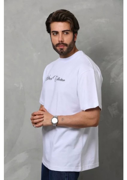 Unisex Bisiklet Yaka Baskılı Oversize Tshirt