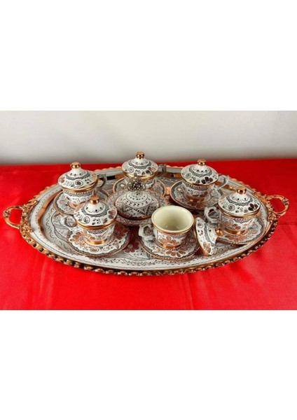 6lı Bakır Fincan Takımı ve Lokumluk,oval Tepsi