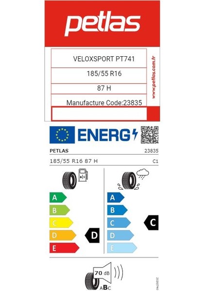 185/55 R16 Tl 87H Reınf. Velox Sport PT741 Yazlastiği (Üretim TARİHİ:2025)
