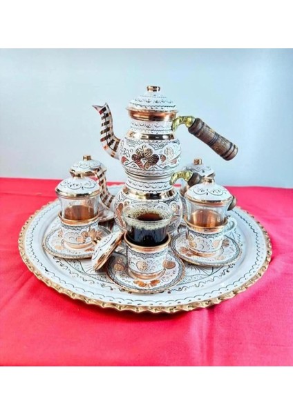 6lı Bakır Çay ve Fincan Takımı,yuvarlak Tepsi,çaydanlık Küçük