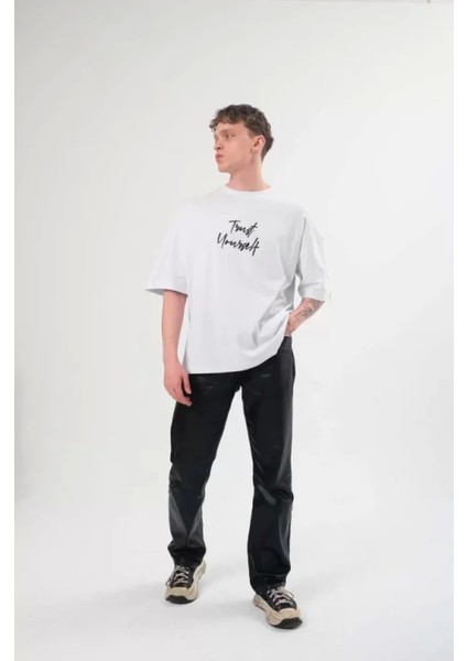 Unisex Bisiklet Yaka Baskılı Oversize Tshirt