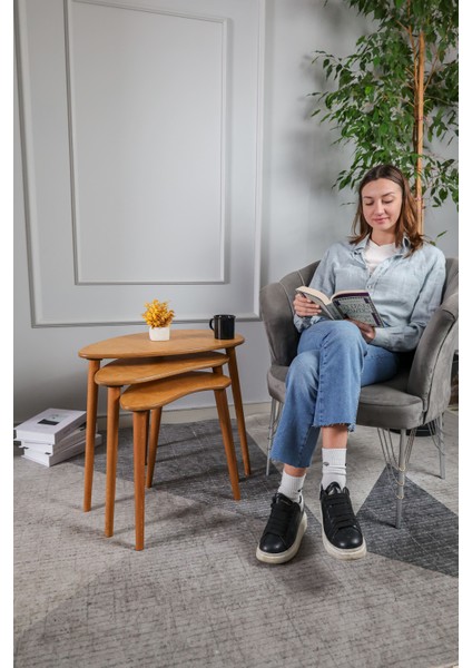 Doğal Ahşap Zigon Sehpa 3'lü Set, Modern Masif Yan Sehpa Yeni Nesil Dekor
