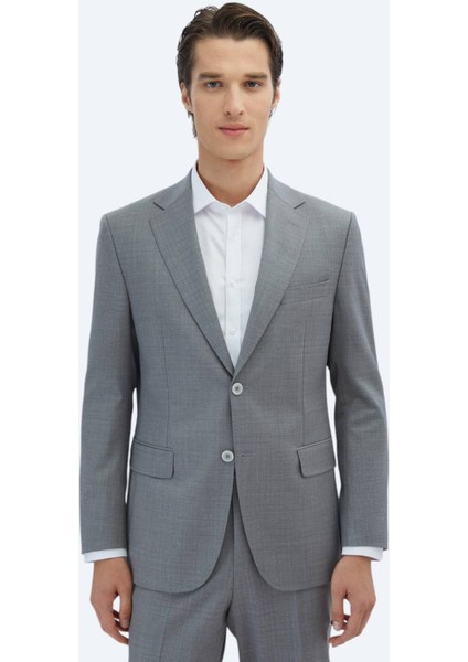 Gri Desenli Modern Fit Yün Karışımlı Takım Elbise