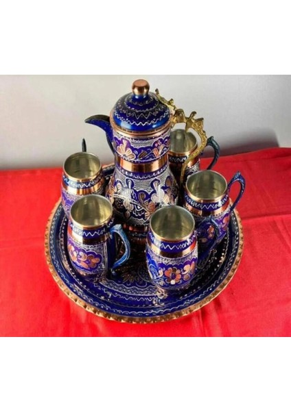 Bakır Ayran ve Içecek Seti 6 Kişilik Moskova Bardak Yuvarlak Tepsi