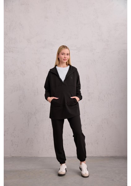 Astronot Kapüşonlu Sweat Siyah