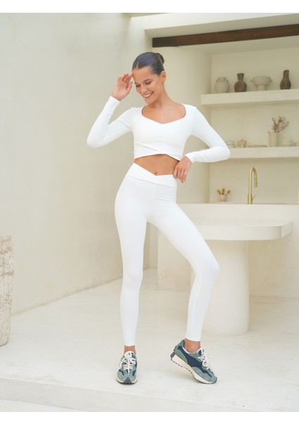 Gaia Uzun Kollu Çapraz Detay Beyaz Crop fiyatları