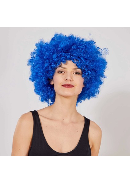 Mavi Renk Kıvırcık Afro Bonus Peruk