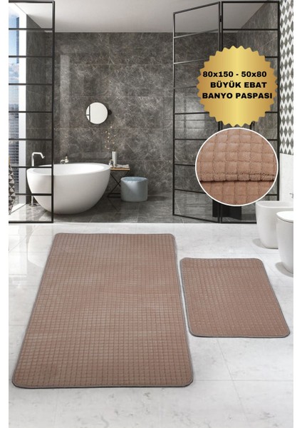 Kare Plus Vizon 80 x 150 + 50 x 80 cm Büyük Ebat Banyo Paspası Kaymaz Taban Yıkanabilir Klozet Takımı