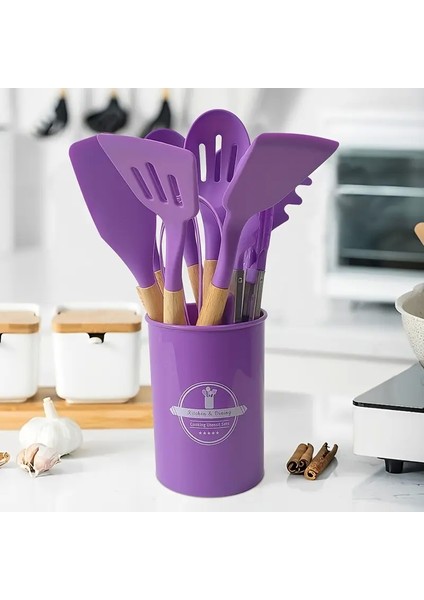 12PARÇA Silikon Kepçe Kevgir Spatula Kaşık Fırça Çırpıcı Servis Maşa Seti Bambu Mor Mutfak Takımı