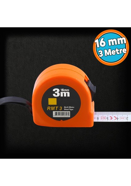 Şerit Metal Bükülebilir Metre Plastik Kasalı 3 M x 16 mm Turuncu Renk Düğmeli Ölçüm Ölçme