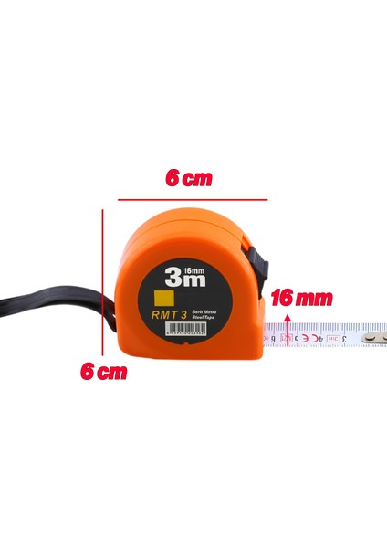 Şerit Metal Bükülebilir Metre Plastik Kasalı 3 M x 16 mm Turuncu Renk Düğmeli Ölçüm Ölçme