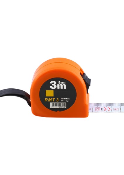 Şerit Metal Bükülebilir Metre Plastik Kasalı 3 M x 16 mm Turuncu Renk Düğmeli Ölçüm Ölçme