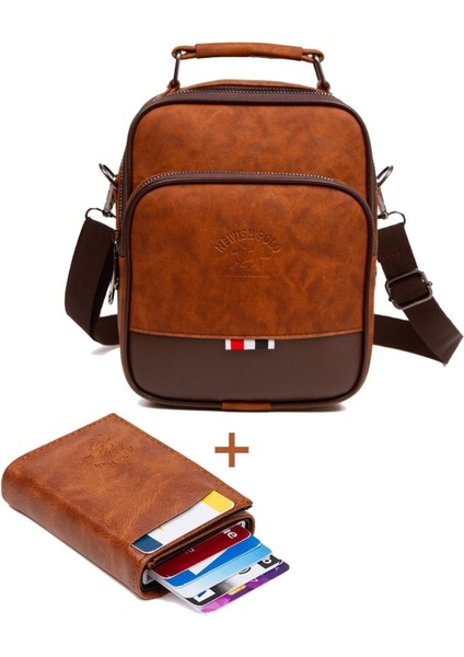 Kahverengi deri el ve omuz çanta, mekanizmalı kartlık seti, orta boy, şık ve kullanışlı