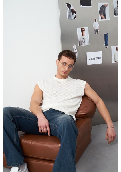 Desenli Oversize Sıfır Kol Triko Erkek T-Shirt