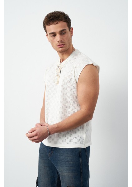 Desenli Oversize Sıfır Kol Triko Erkek T-Shirt