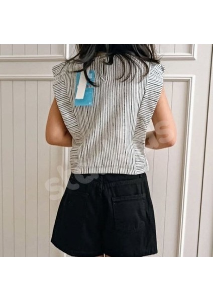Laciel Siyah Beyaz Çizgili Bluz & Siyah Kot Şort Etek Takımı modelleri