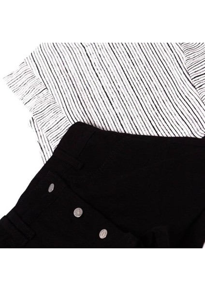 Laciel Siyah Beyaz Çizgili Bluz & Siyah Kot Şort Etek Takımı indirimleri
