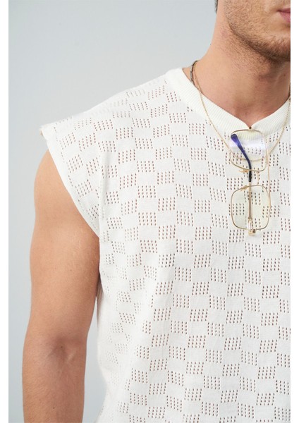 Desenli Oversize Sıfır Kol Triko Erkek T-Shirt