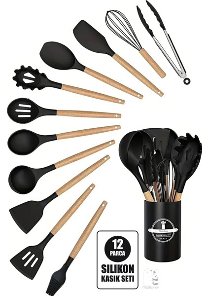 12'li Silikon Kevgir Kepçe Kaşık Fırça Spatula Çırpıcı Maşa Servis Seti Bambu Siyah Mutfak Takımı fiyatları