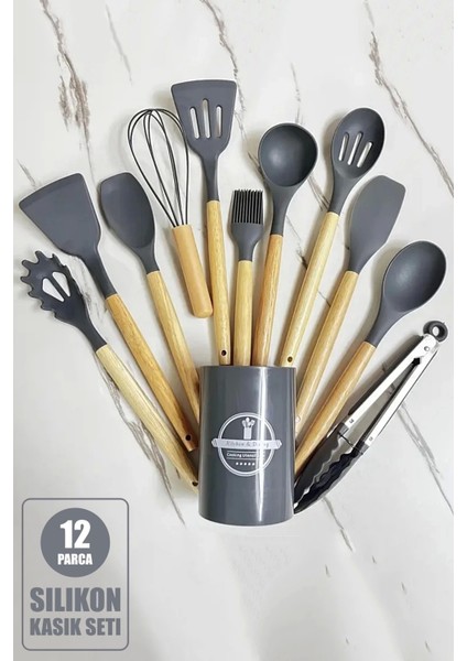 12PARÇA Silikon Kevgir Kepçe Çırpıcı Kaşık Spatula Maşa Servis Seti Bambu Saplı Gri Mutfak Takımı