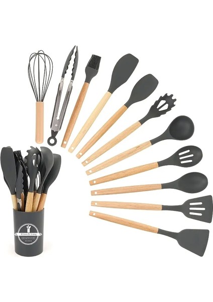 12PARÇA Silikon Kevgir Kepçe Çırpıcı Kaşık Spatula Maşa Servis Seti Bambu Saplı Gri Mutfak Takımı fiyatları
