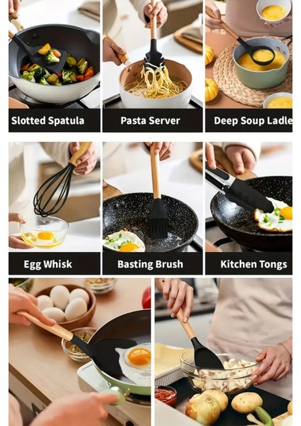12PARÇA Silikon Kevgir Kepçe Çırpıcı Kaşık Spatula Maşa Servis Seti Bambu Saplı Gri Mutfak Takımı modelleri