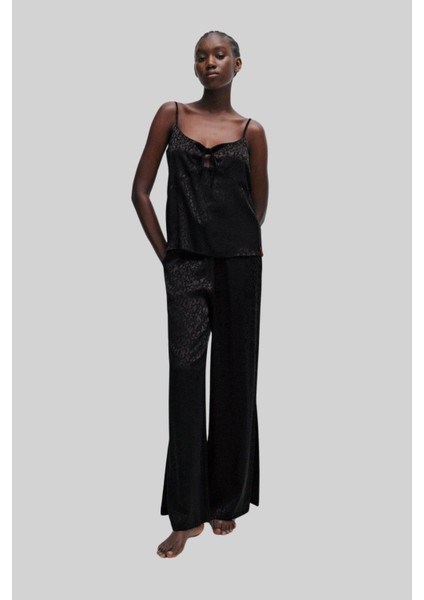 Kadın Imzalı Jakarlı Logolu Pijama Bluz Siyah