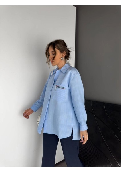 Asortik Kadın Cebi ve Sırtı Fermuarlı Çizgili Oversize Gömlek fiyatları