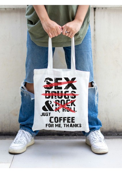Renkli Rock'n Roll Kanvas ve Rips Bez Omuz Çantası, Kalın Tote Bag, Bej