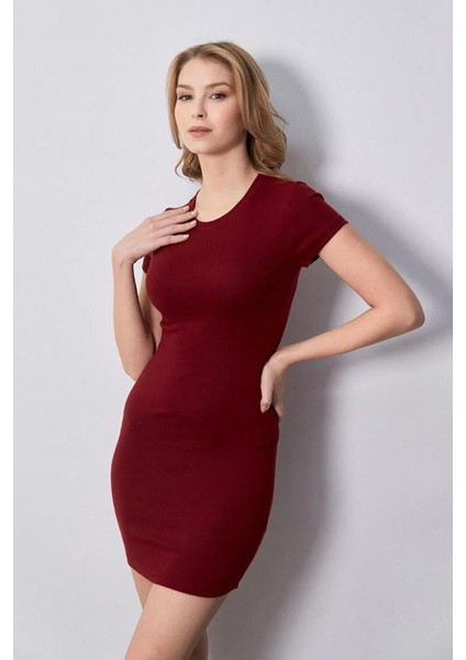 Kadın Bordo Bisiklet Yaka Full Licra Basic Elbise modelleri