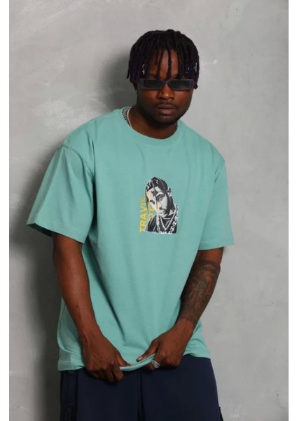 Oversize Baskılı Bisiklet Yaka Tshirt