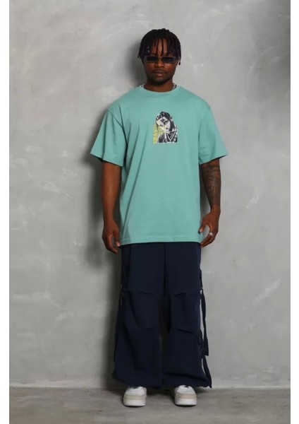 Oversize Baskılı Bisiklet Yaka Tshirt
