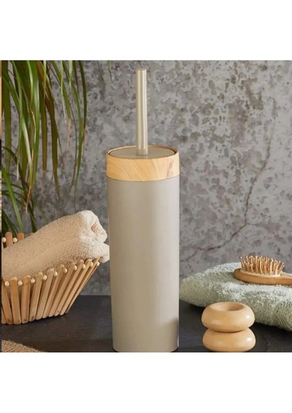 Bej Limpia Bambu Desenli 5'li Banyo Seti Çöp Kovası Sıvı Sabunluk Diş Fırçalık Kutusu Banyo Seti