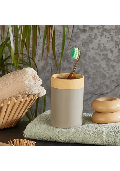 Bej Limpia Bambu Desenli 5'li Banyo Seti Çöp Kovası Sıvı Sabunluk Diş Fırçalık Kutusu Banyo Seti