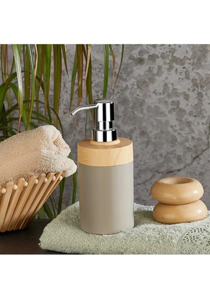 Bej Limpia Bambu Desenli 5'li Banyo Seti Çöp Kovası Sıvı Sabunluk Diş Fırçalık Kutusu Banyo Seti