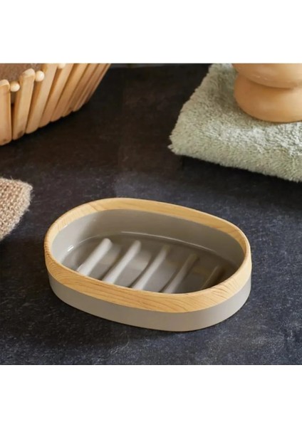 Bej Limpia Bambu Desenli 5'li Banyo Seti Çöp Kovası Sıvı Sabunluk Diş Fırçalık Kutusu Banyo Seti