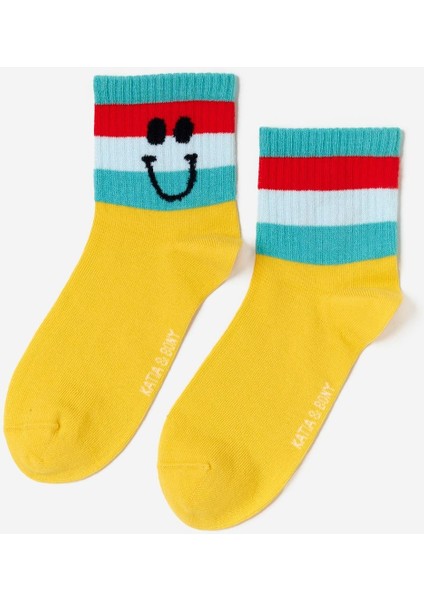 Kadın Gülen Surat Baskılı 4'lü Paket Soket Çorap Çok Renkli