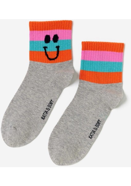 Kadın Gülen Surat Baskılı 4'lü Paket Soket Çorap Çok Renkli