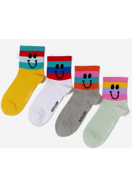 Kadın Gülen Surat Baskılı 4'lü Paket Soket Çorap Çok Renkli